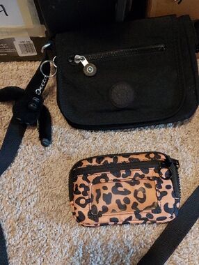 Mini Kipling Black Crossbody with Logo Patch With Free Cheetah Wallet